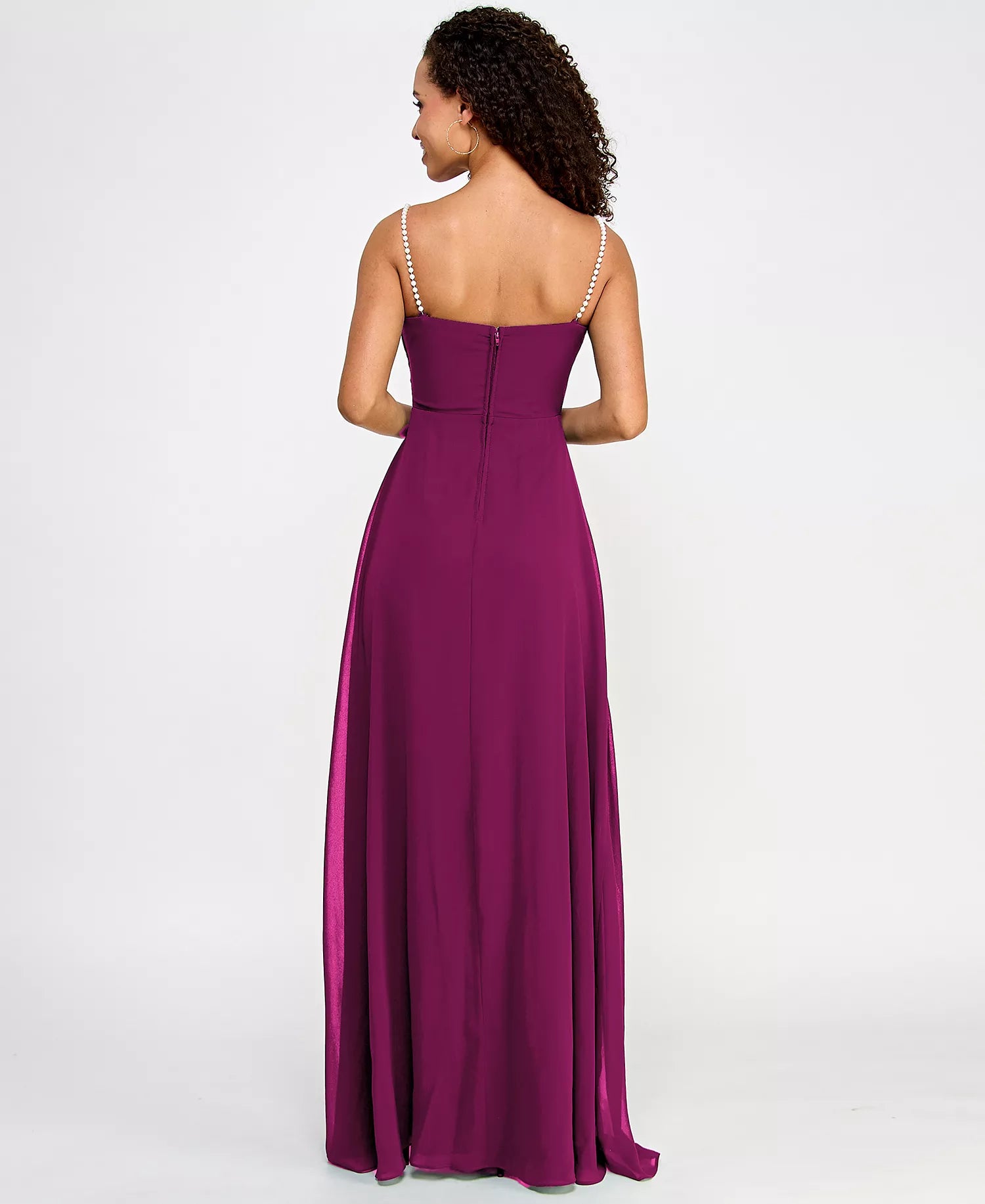 Romantic Sheath Drape Neck Pearl Strap Back Zip High Slit Floor-Length Chiffon Prom Dresses