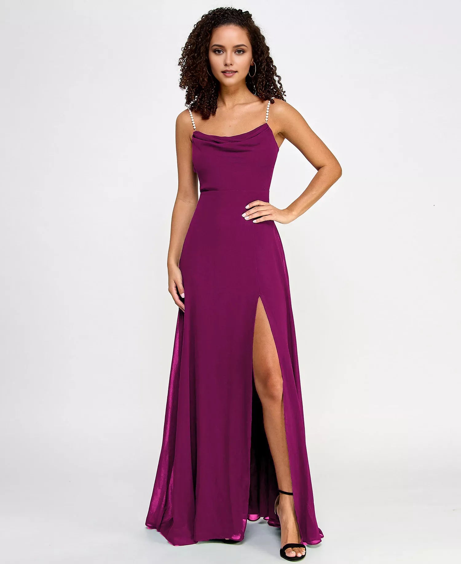 Romantic Sheath Drape Neck Pearl Strap Back Zip High Slit Floor-Length Chiffon Prom Dresses