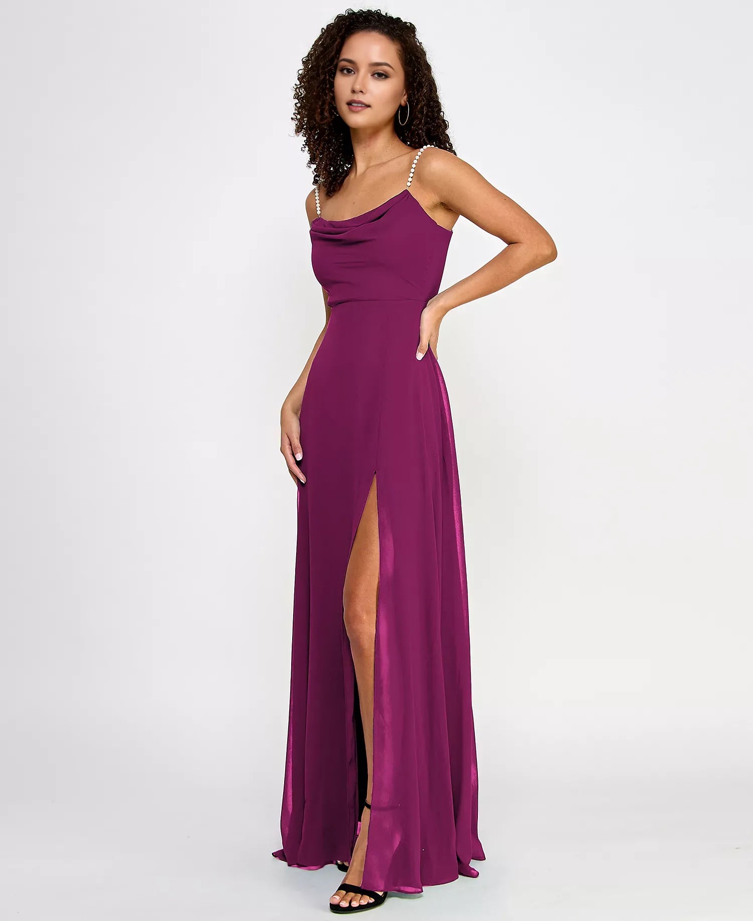 Romantic Sheath Drape Neck Pearl Strap Back Zip High Slit Floor-Length Chiffon Prom Dresses