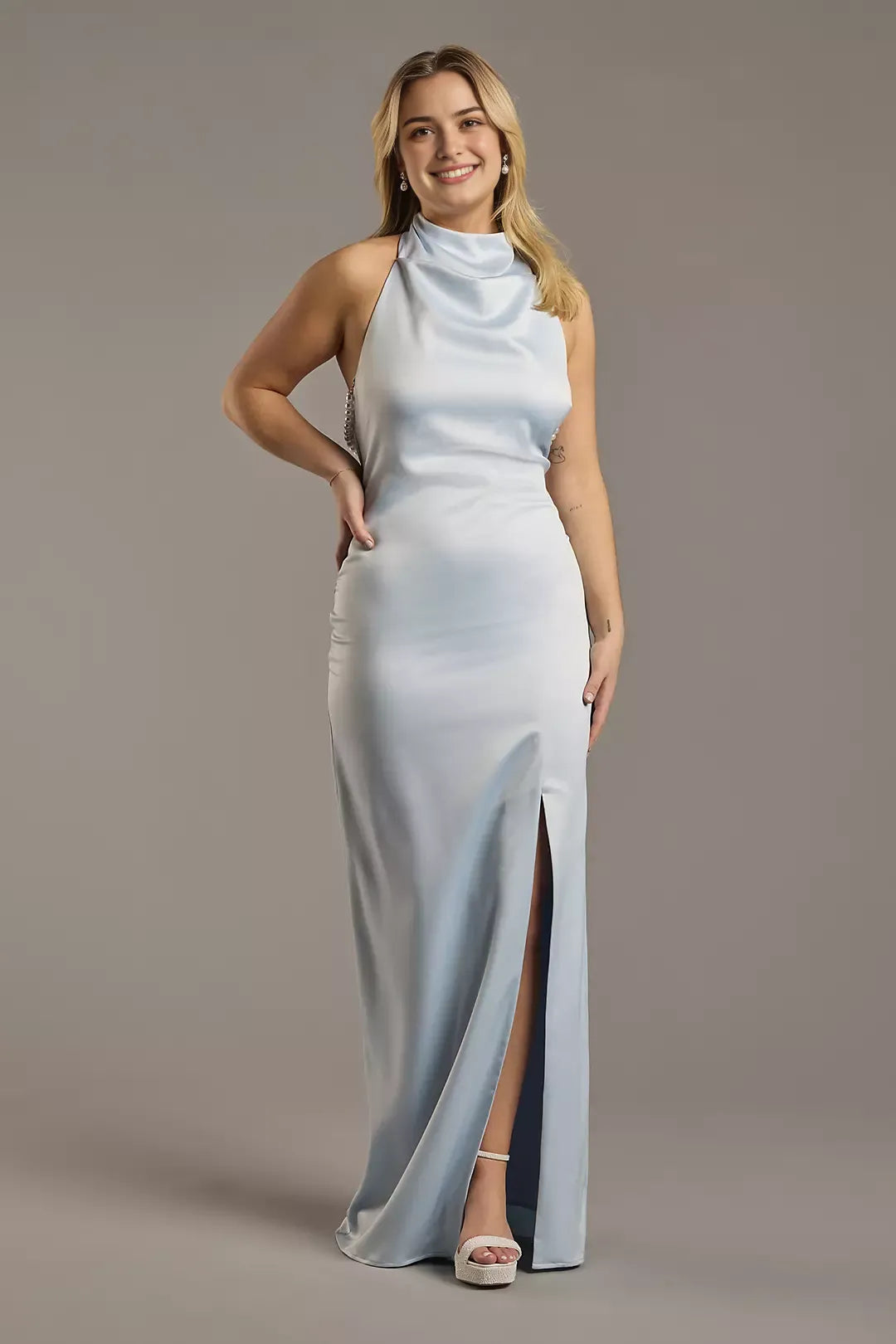 Romantic Sheath High-Neck Beaded Strap Floor-Length Side Slit Prom Dresses with Pearl Bar Back
