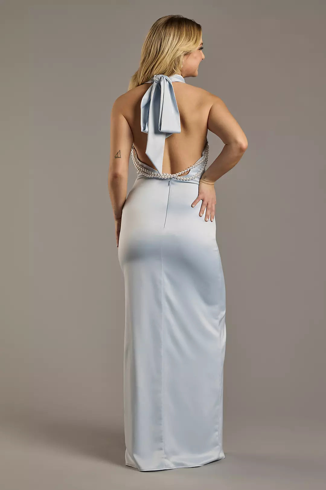 Romantic Sheath High-Neck Beaded Strap Floor-Length Side Slit Prom Dresses with Pearl Bar Back