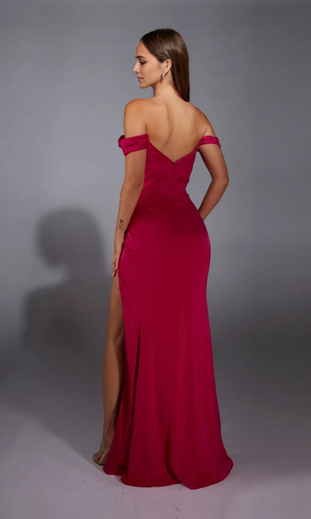 Romantic Sheath Off-Shoulder Sleeveless Back Zip Floor-Length Ruched Satin High Slit Prom Dresses