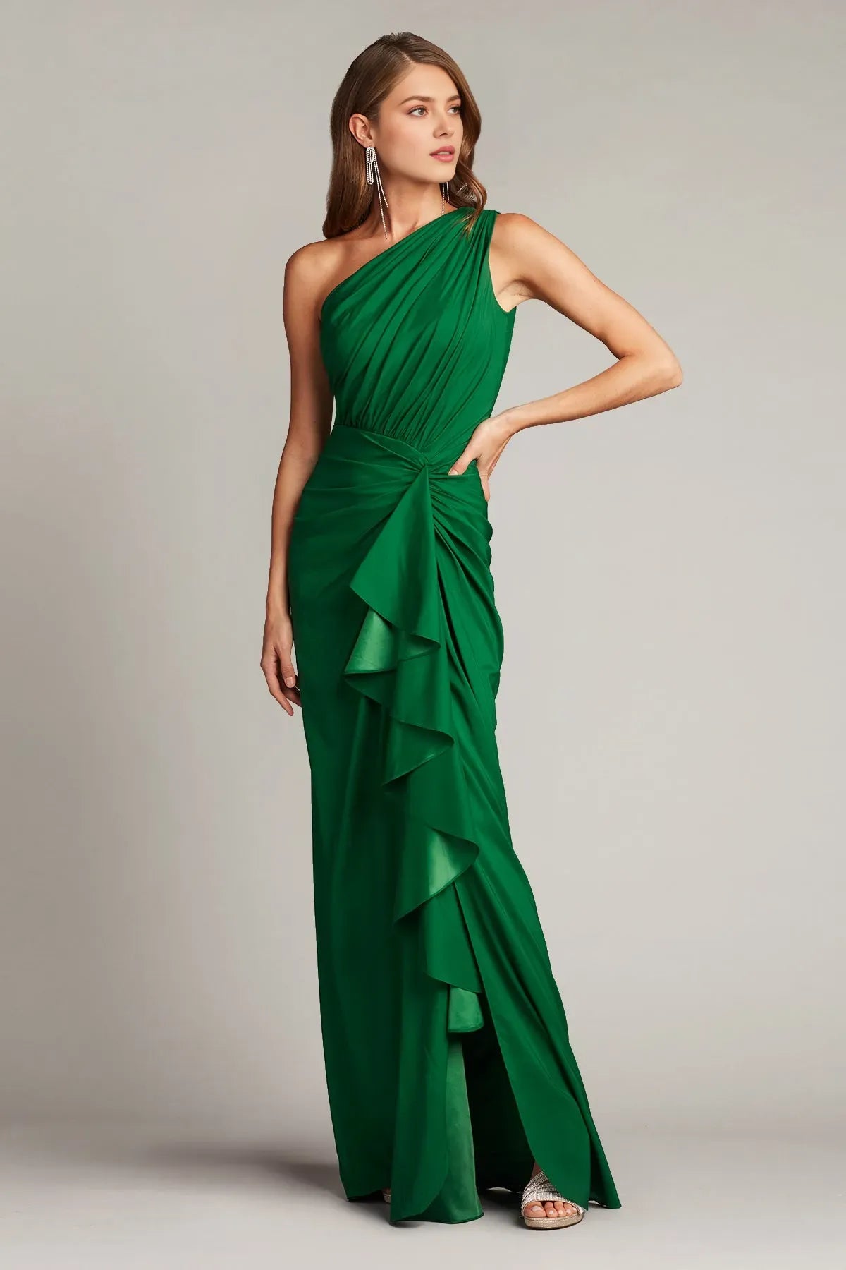 Romantic Sheath One-Shoulder Sleeveless Floor-Length Chiffon Prom Dress with Ruffled Detail