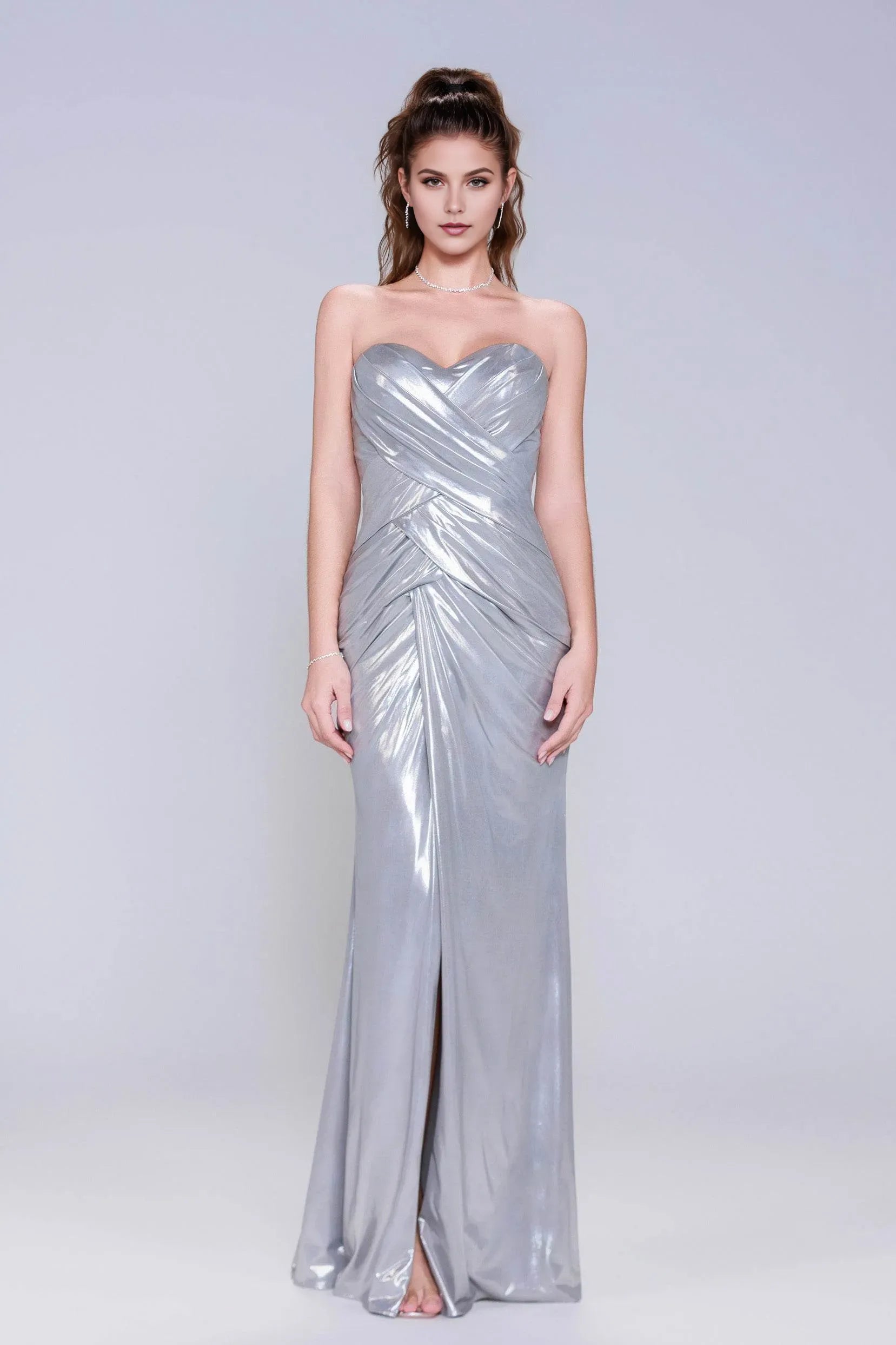 Romantic Sheath Sweetheart Neck Strapless Back Zip Floor-Length Ruched Metallic High Slit Prom Dress ﻿