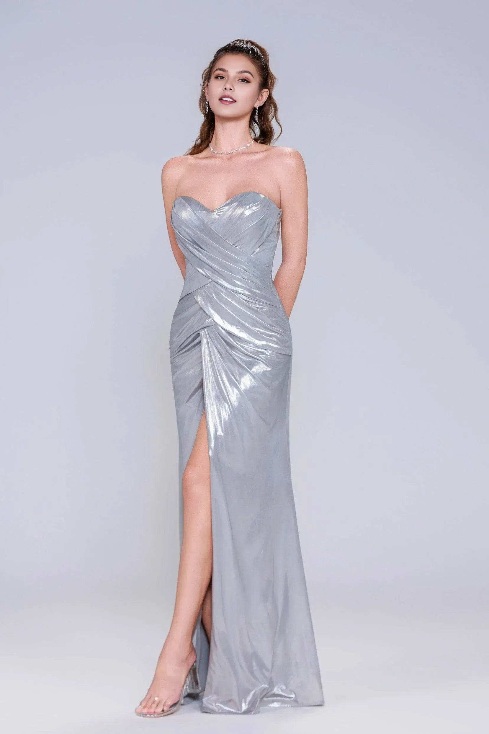 Romantic Sheath Sweetheart Neck Strapless Back Zip Floor-Length Ruched Metallic High Slit Prom Dress ﻿