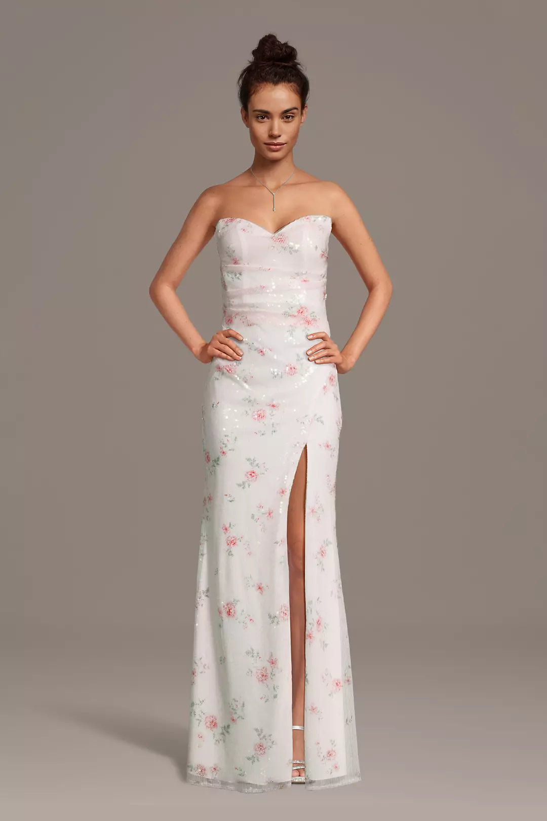 Romantic Sheath Sweetheart Neck Strapless Open Back Back Zip Floor-Length Sequin Floral Print Long Prom Dresses with Slit