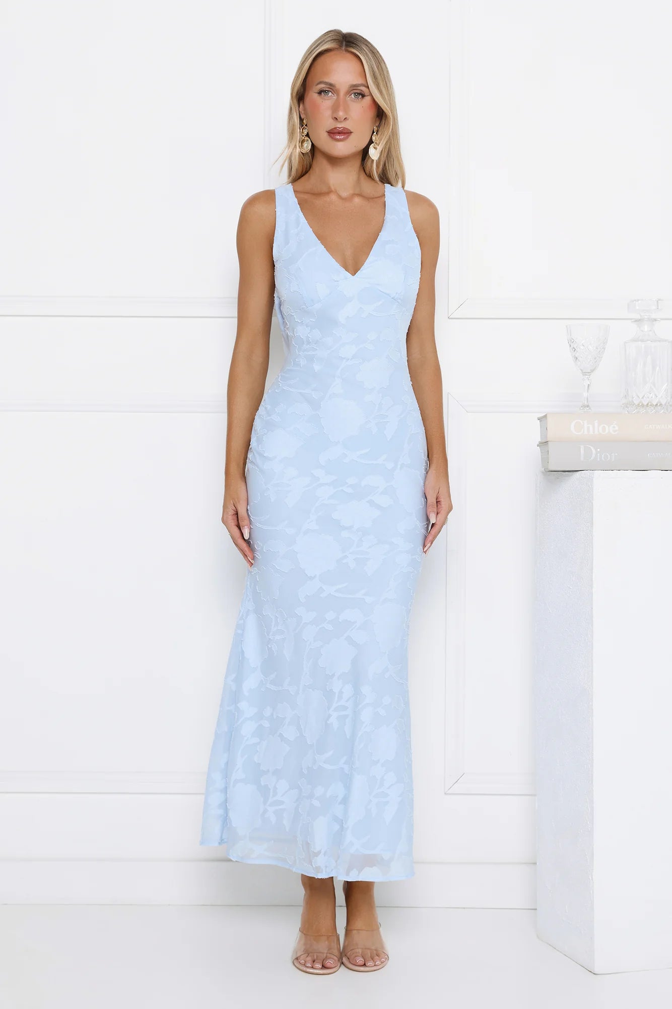Romantic Sky Blue Floral Burnout Midi Dress with V-Neckline, Cowl Back Tie Closure, Form-Fitting Silhouette and Flowy Mermaid Hem
