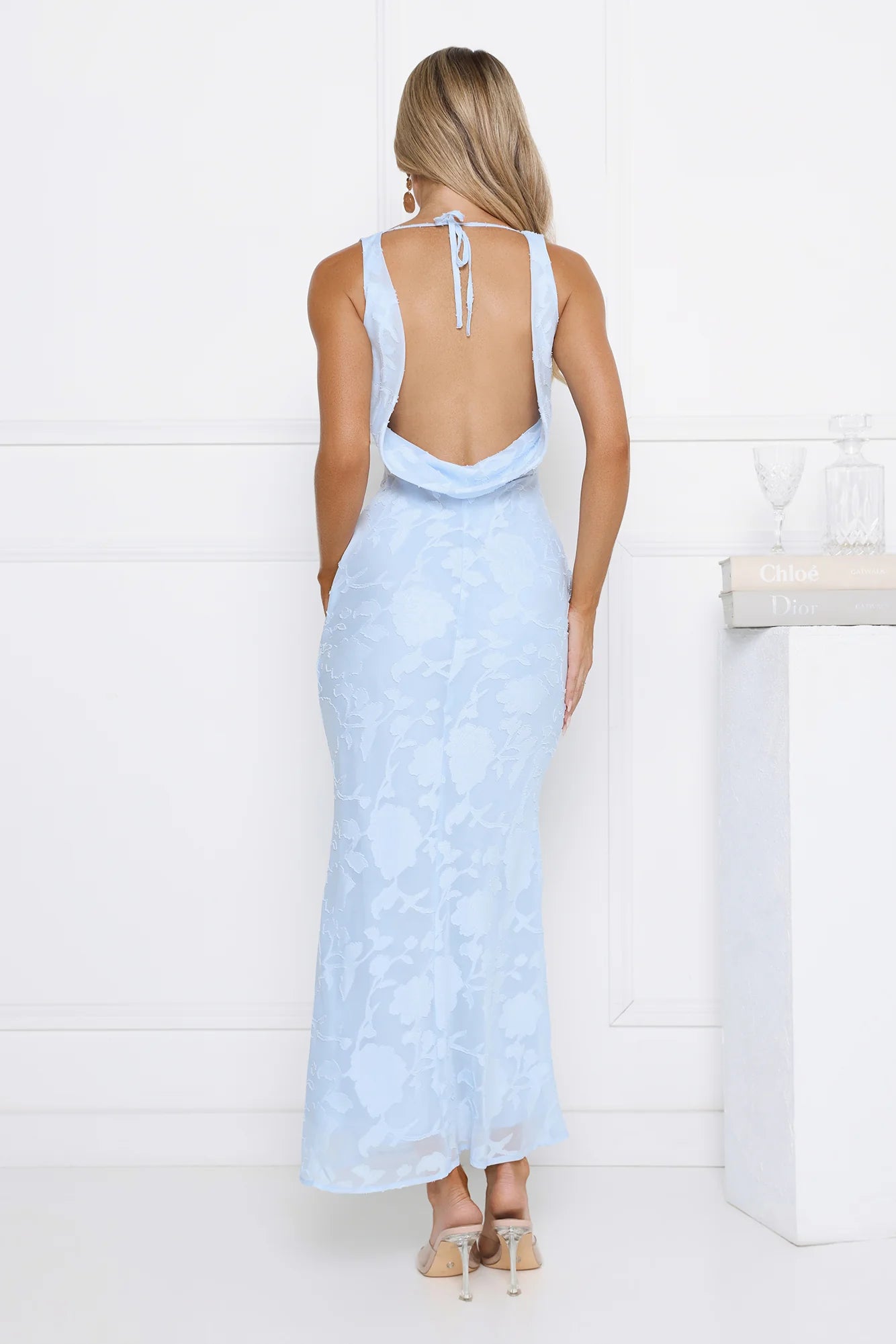 Romantic Sky Blue Floral Burnout Midi Dress with V-Neckline, Cowl Back Tie Closure, Form-Fitting Silhouette and Flowy Mermaid Hem
