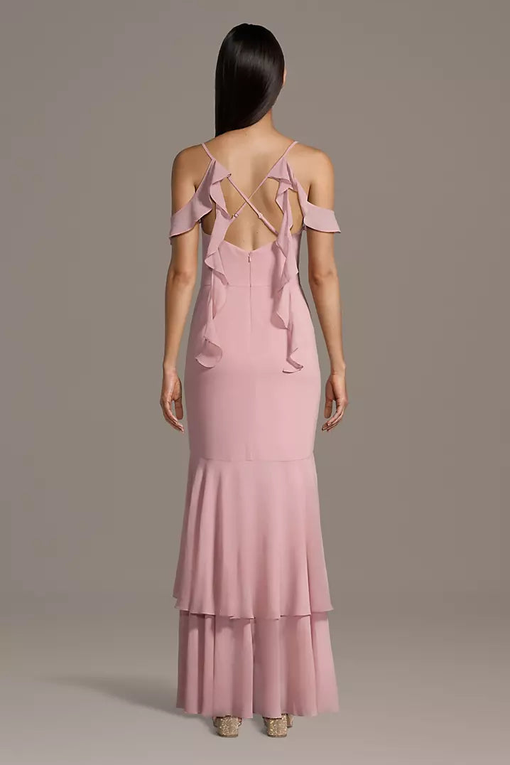 Romantic Trumpet Sweetheart Cold-Shoulder Ruffled Crisscross Back Floor-Length Bridesmaid Dresses