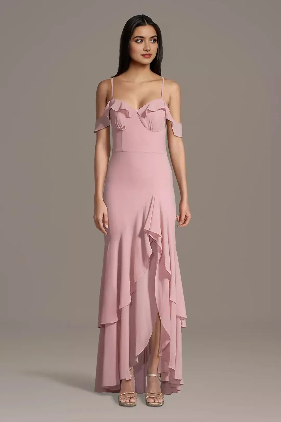 Romantic Trumpet Sweetheart Cold-Shoulder Ruffled Crisscross Back Floor-Length Bridesmaid Dresses