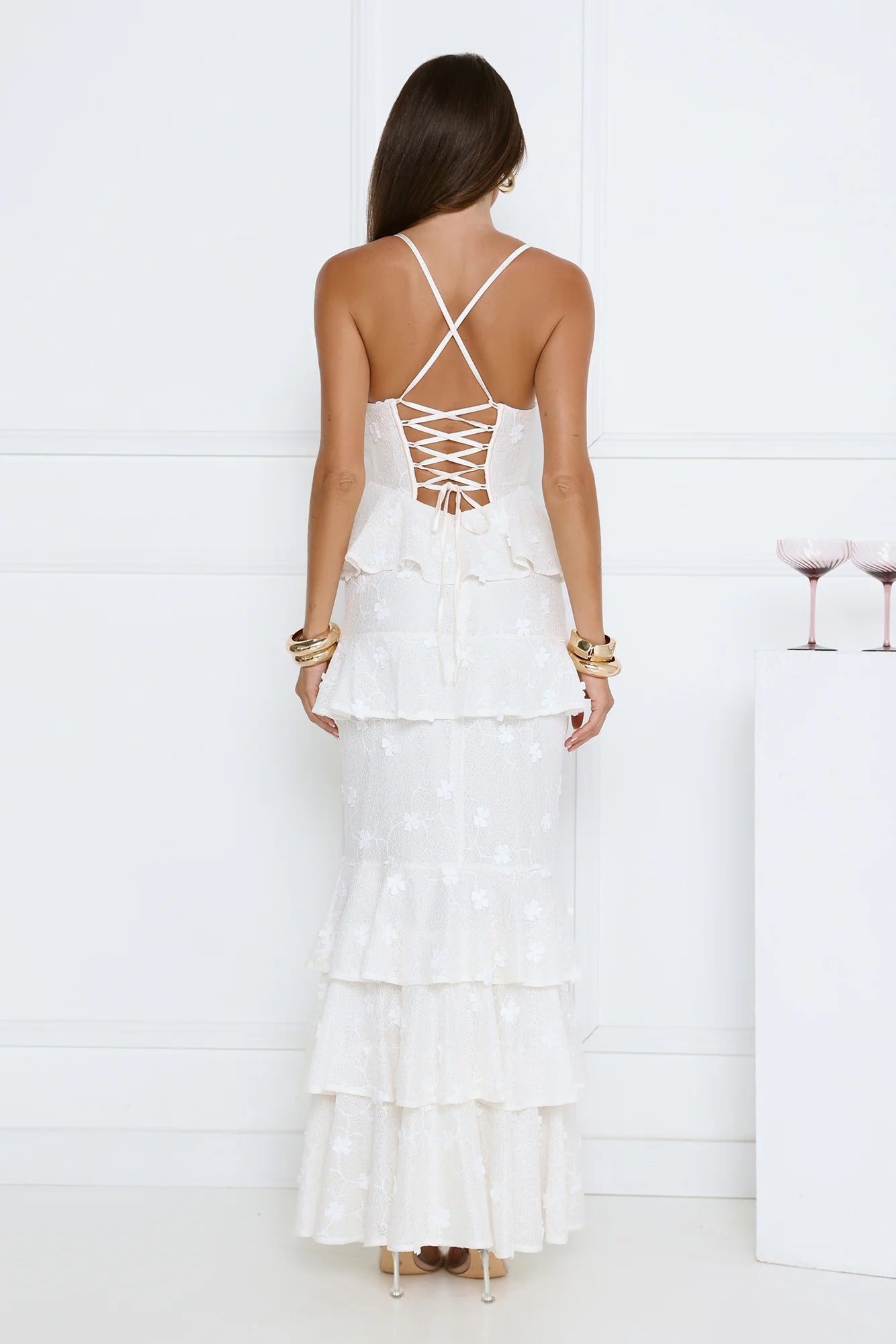 Romantic White Floral Lace Mermaid Maxi Dress with Sweetheart Neckline, Crisscross Straps, Lace-Up Open Back, Tiered Ruffle Skirt and High Thigh Slit