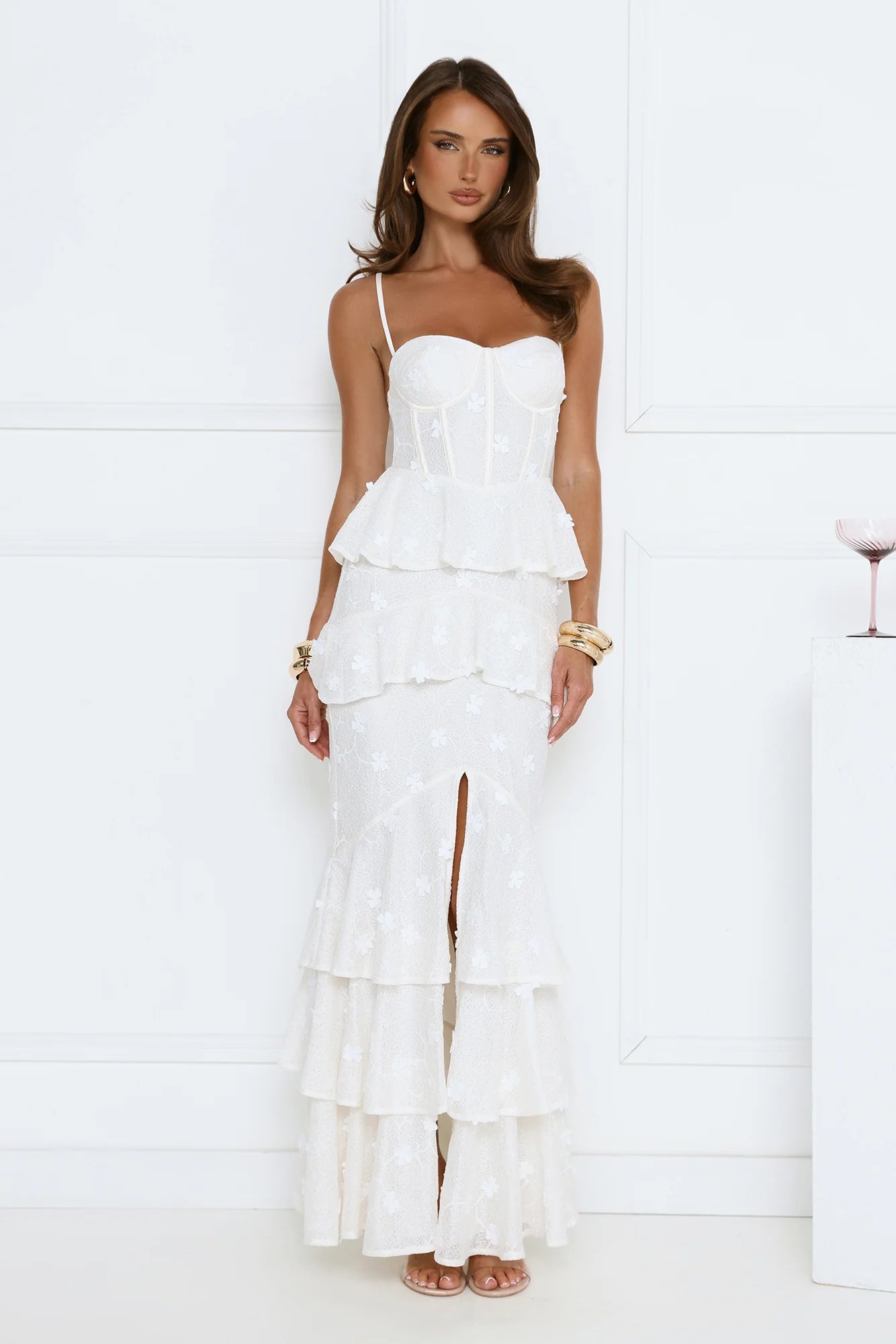 Romantic White Floral Lace Mermaid Maxi Dress with Sweetheart Neckline, Crisscross Straps, Lace-Up Open Back, Tiered Ruffle Skirt and High Thigh Slit