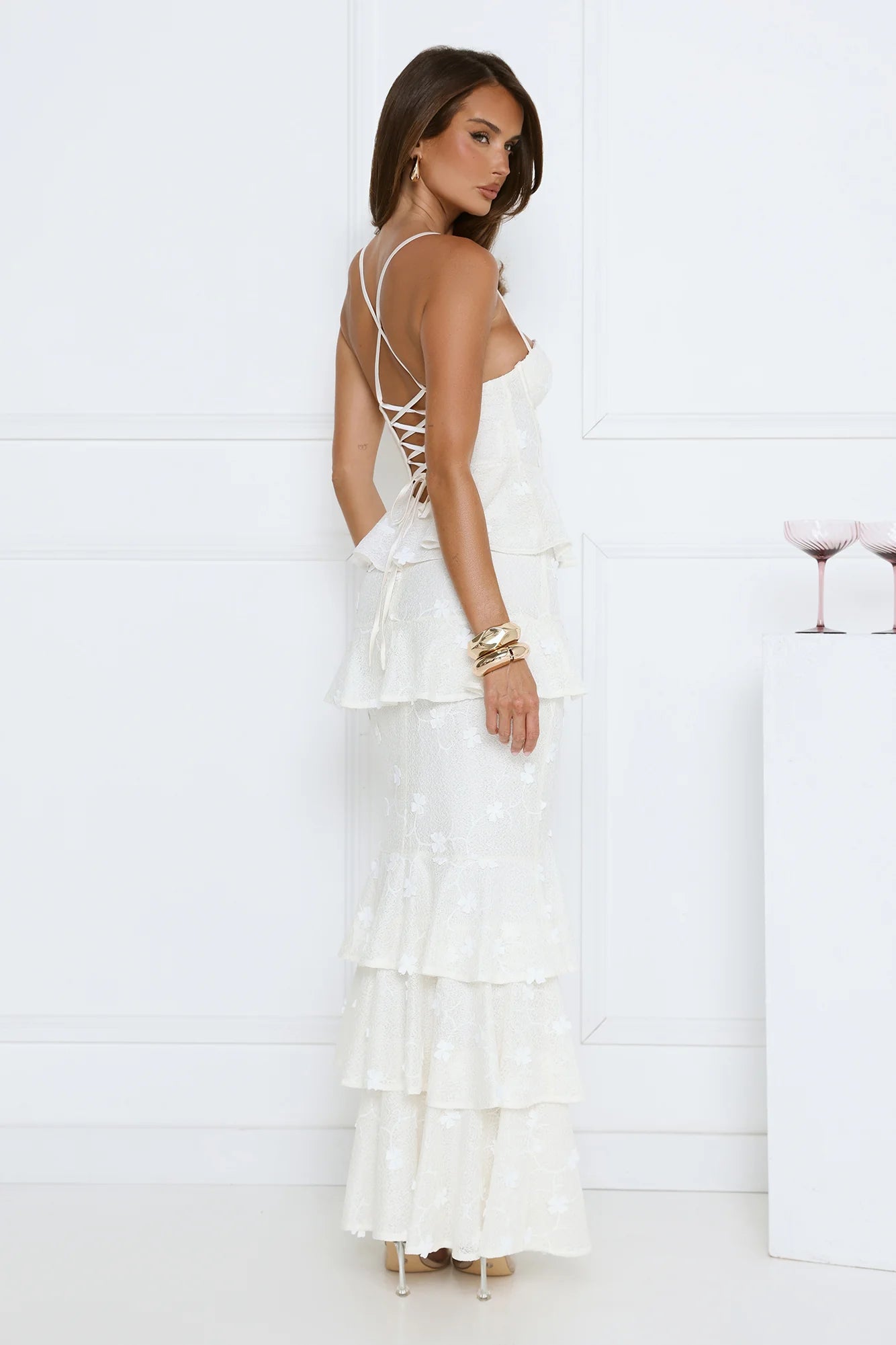 Romantic White Floral Lace Mermaid Maxi Dress with Sweetheart Neckline, Crisscross Straps, Lace-Up Open Back, Tiered Ruffle Skirt and High Thigh Slit