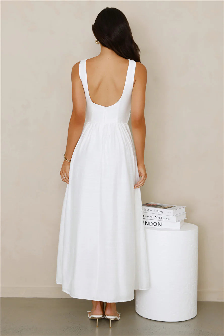 Romantic White Lace Bodice Midi Dress with Sleeveless Square Neck, Floral Embroidery, Gathered Linen Skirt and Open Back U-Neck Design