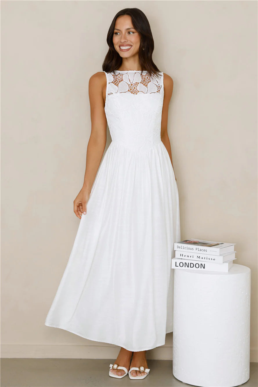 Romantic White Lace Bodice Midi Dress with Sleeveless Square Neck, Floral Embroidery, Gathered Linen Skirt and Open Back U-Neck Design