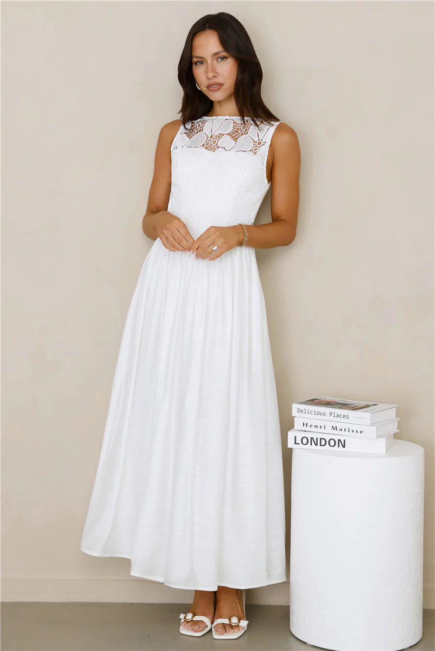 Romantic White Lace Bodice Midi Dress with Sleeveless Square Neck, Floral Embroidery, Gathered Linen Skirt and Open Back U-Neck Design