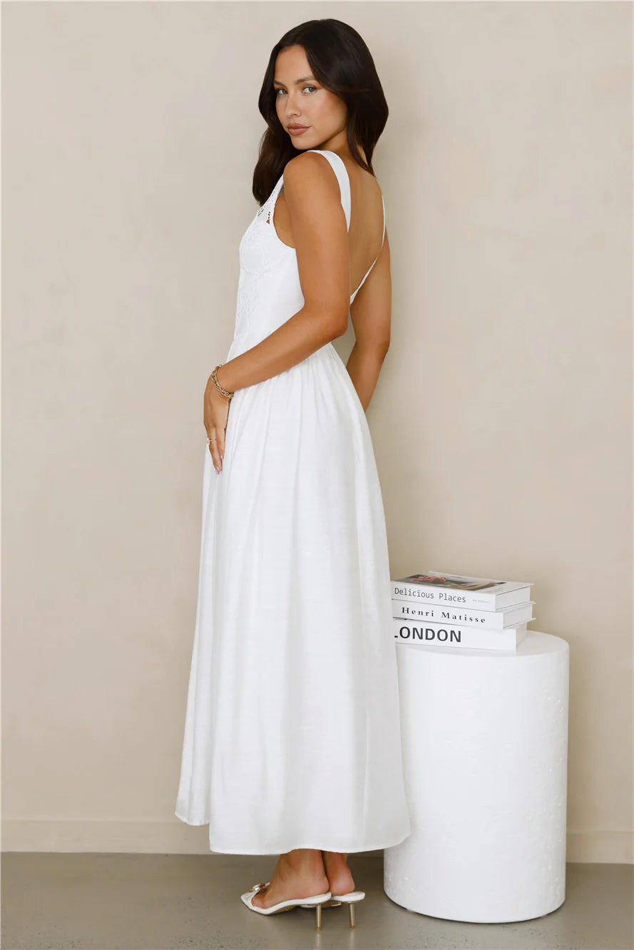 Romantic White Lace Bodice Midi Dress with Sleeveless Square Neck, Floral Embroidery, Gathered Linen Skirt and Open Back U-Neck Design