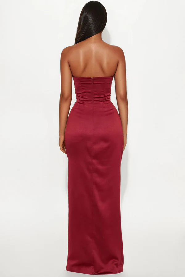 Romantic Wine Sheath Strapless Sleeveless Back Zip Ruched Satin High Slit Floor-Length Prom Dresses