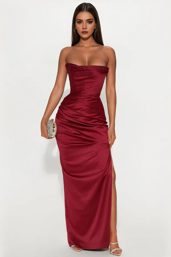 Romantic Wine Sheath Strapless Sleeveless Back Zip Ruched Satin High Slit Floor-Length Prom Dresses