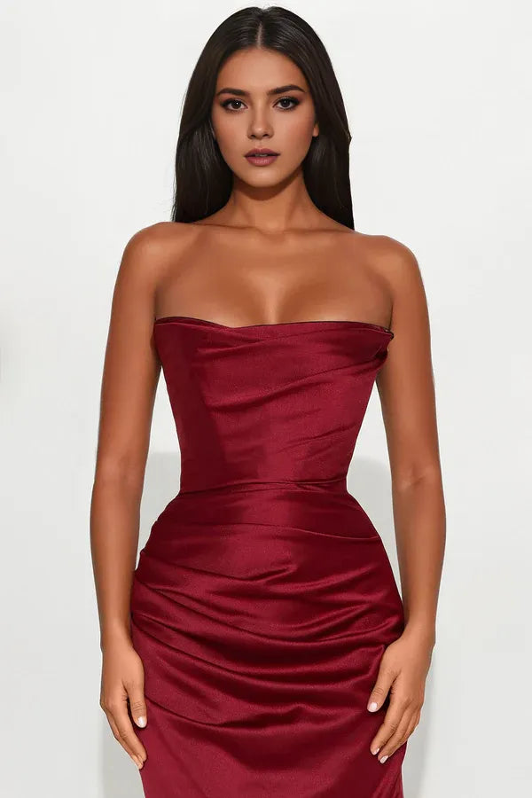 Romantic Wine Sheath Strapless Sleeveless Back Zip Ruched Satin High Slit Floor-Length Prom Dresses