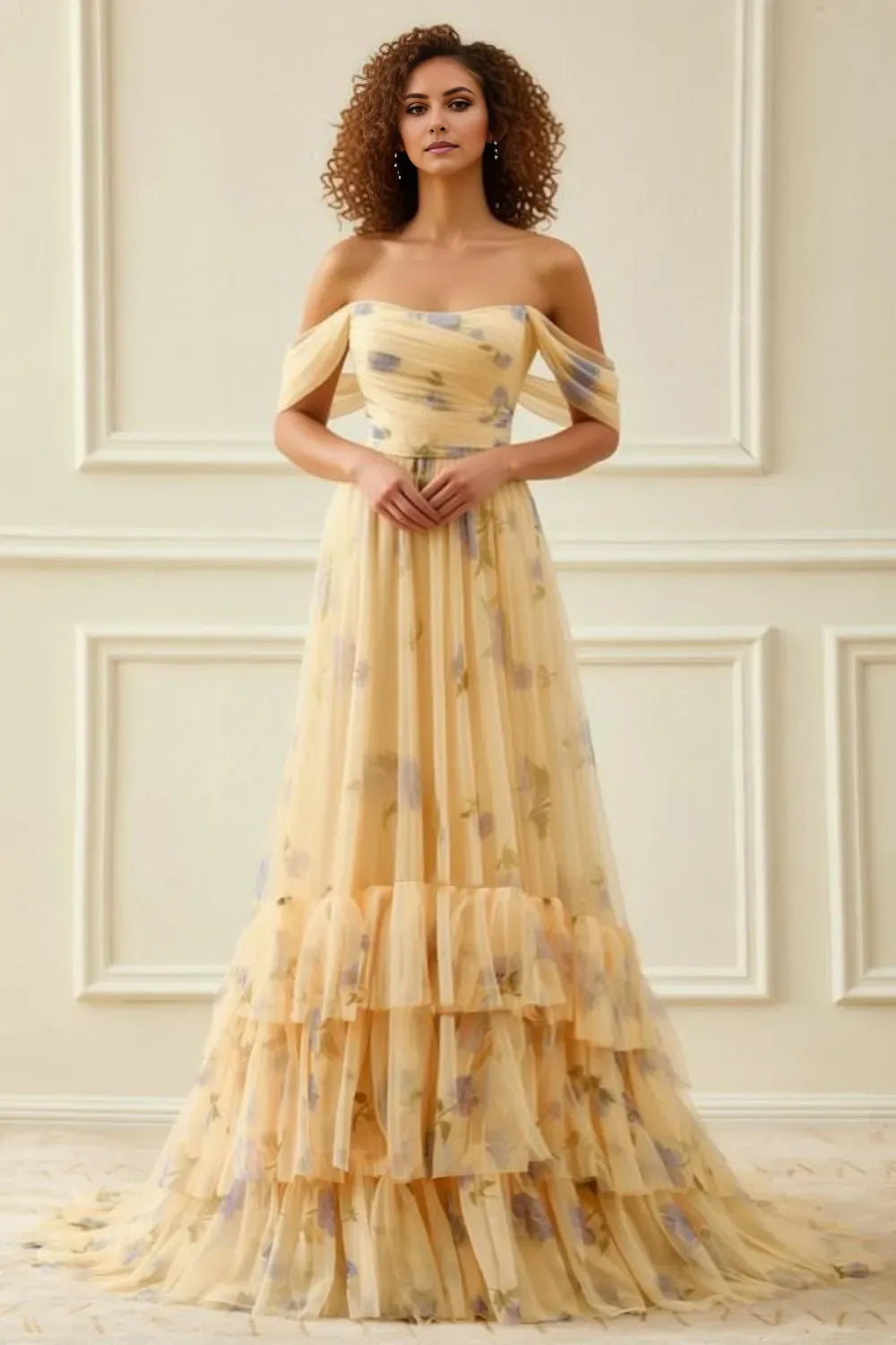 Romantic Yellow A-Line Off-Shoulder Sleeveless Back Zip Floor-Length Floral Printed Tiered Ruffled Tulle Prom Dress