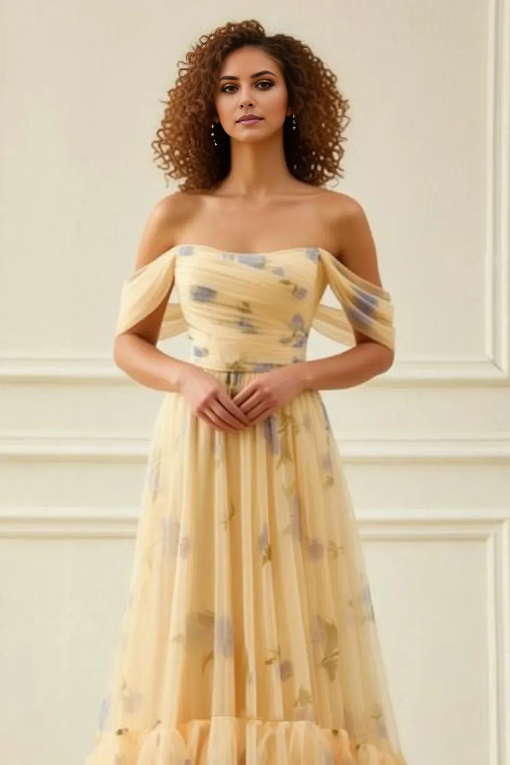 Romantic Yellow A-Line Off-Shoulder Sleeveless Back Zip Floor-Length Floral Printed Tiered Ruffled Tulle Prom Dress
