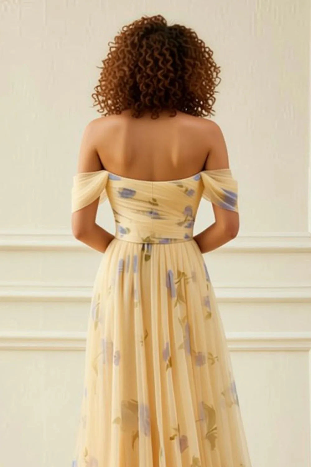 Romantic Yellow A-Line Off-Shoulder Sleeveless Back Zip Floor-Length Floral Printed Tiered Ruffled Tulle Prom Dress