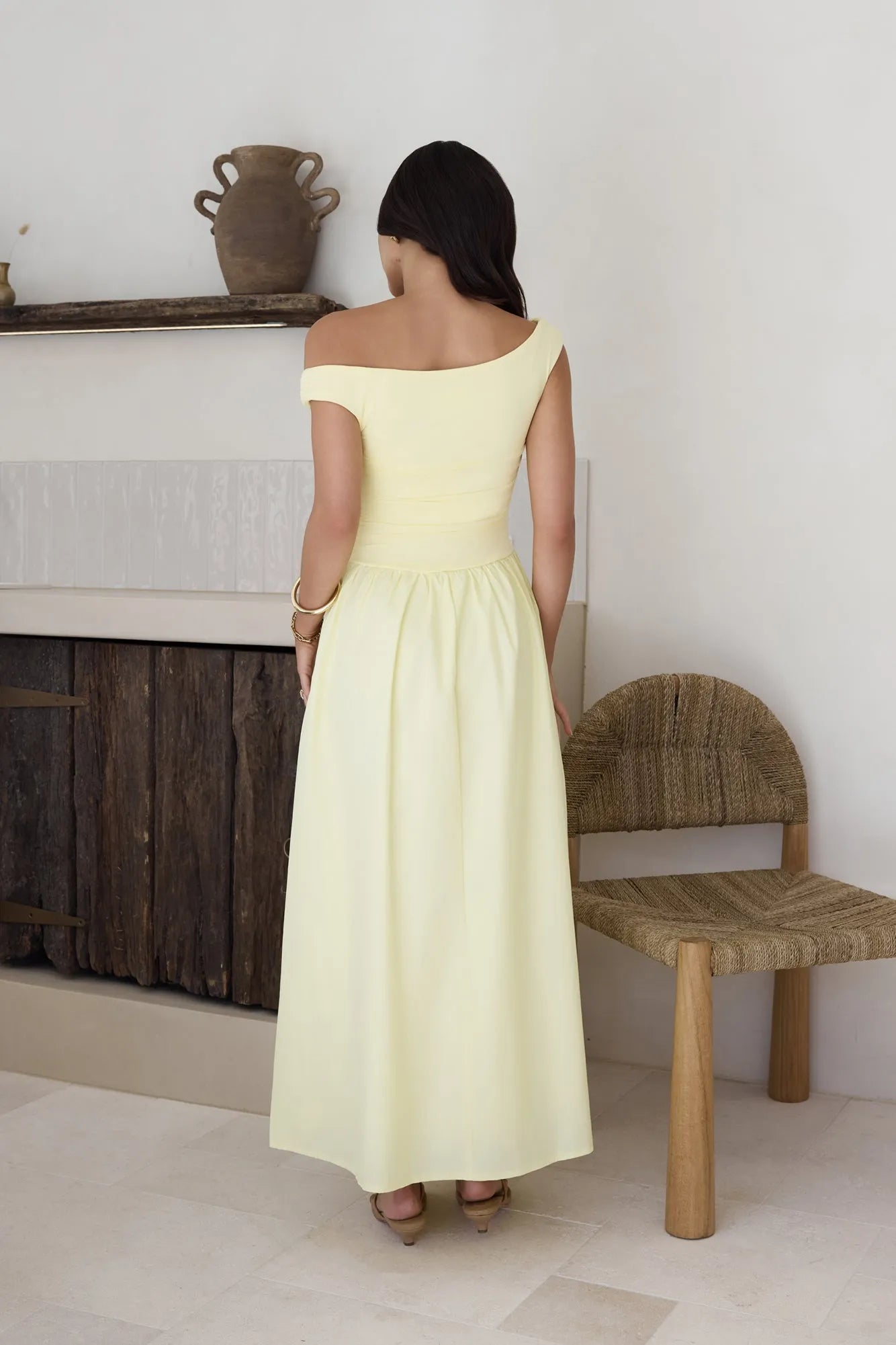 Romantic Yellow A-Line Off-the-shoulder Sleeveless Ruched Ankle-Length Prom Dresses for women