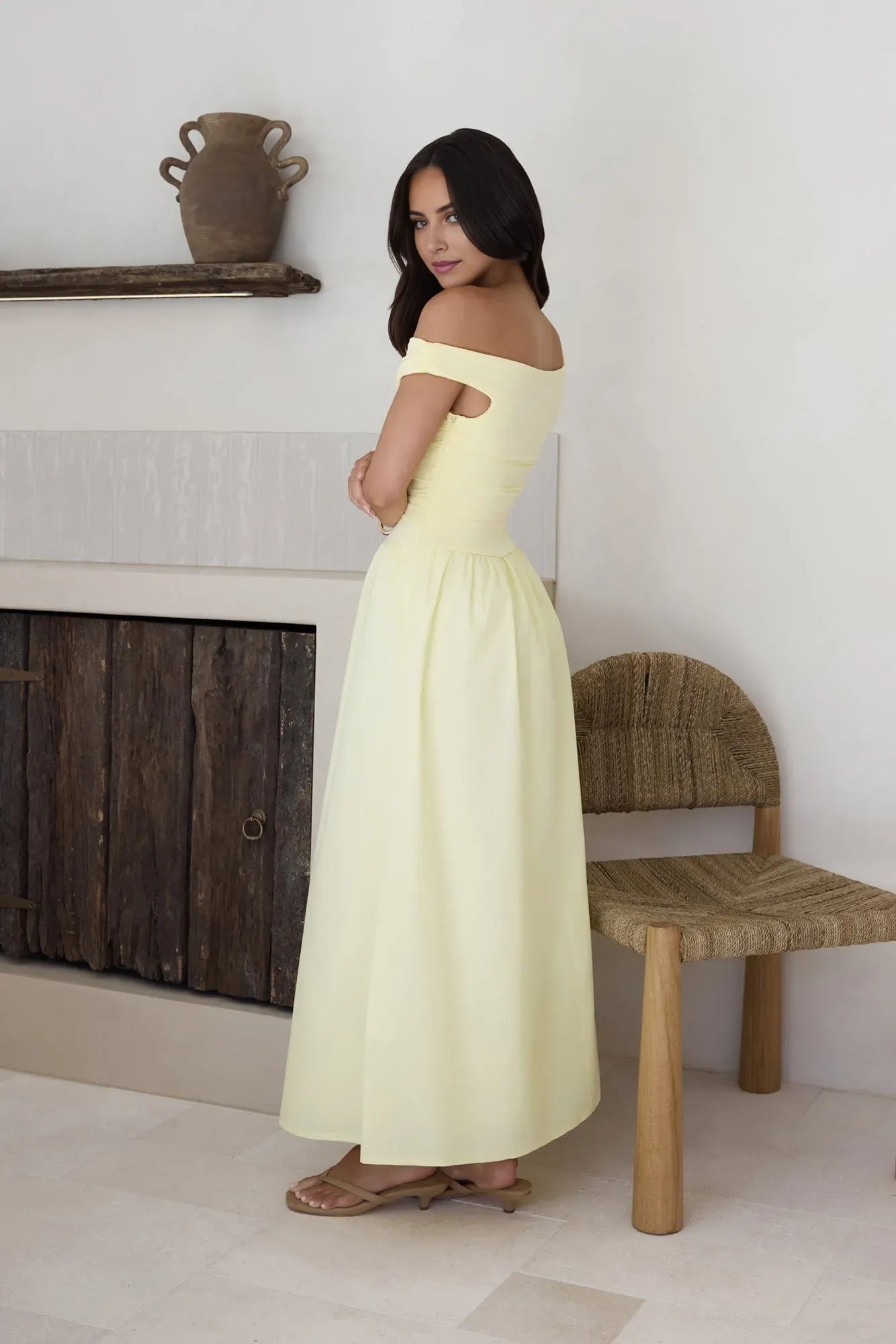 Romantic Yellow A-Line Off-the-shoulder Sleeveless Ruched Ankle-Length Prom Dresses for women