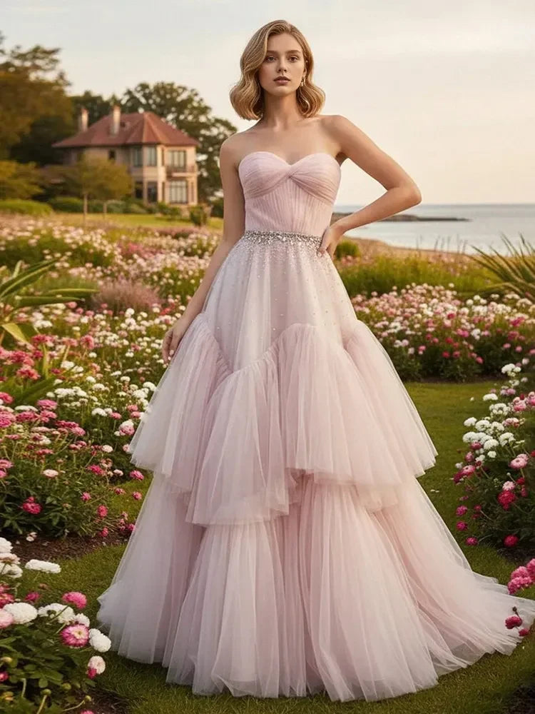 Romantic A-Line Strapless Beaded Tiered Blush Pink Floor-Length Prom Dress