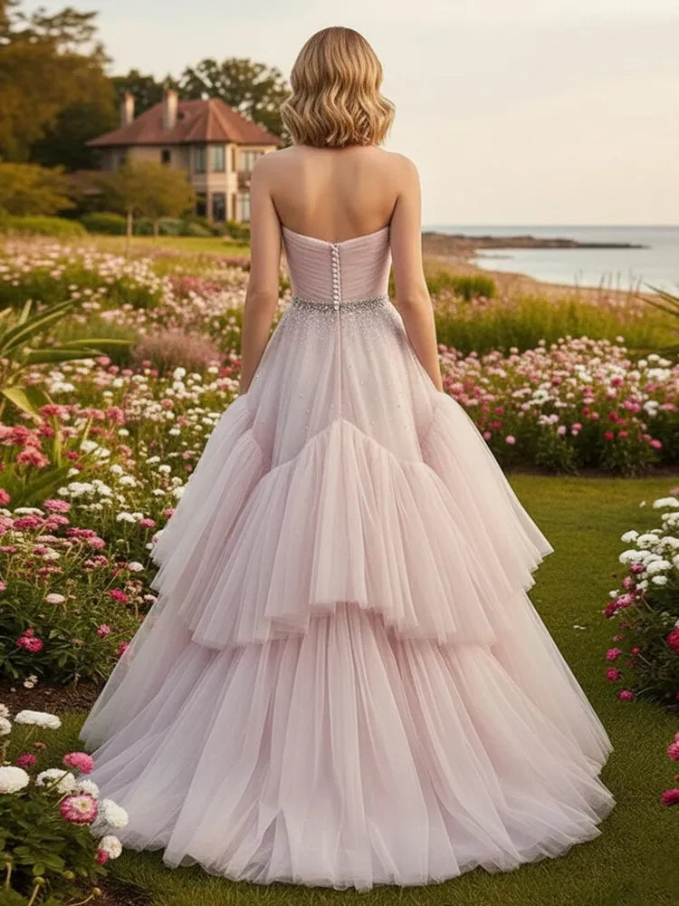 Romantic A-Line Strapless Beaded Tiered Blush Pink Floor-Length Prom Dress