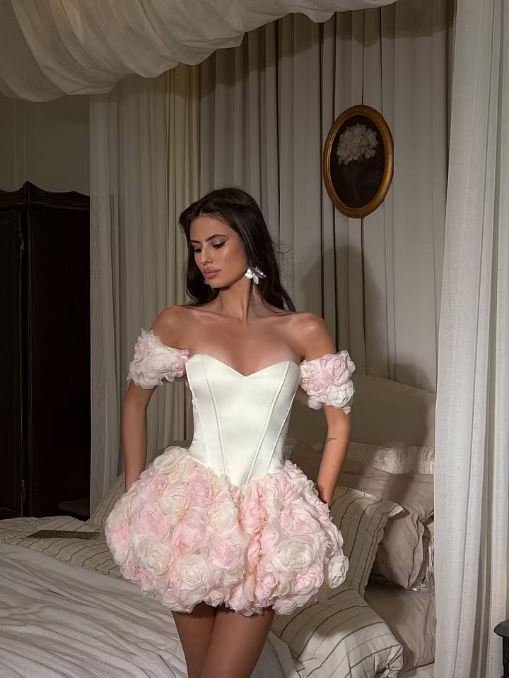 Romantic Sweetheart Off-Shoulder Corset Floral Ivory Pink Mini Homecoming Dress for Women