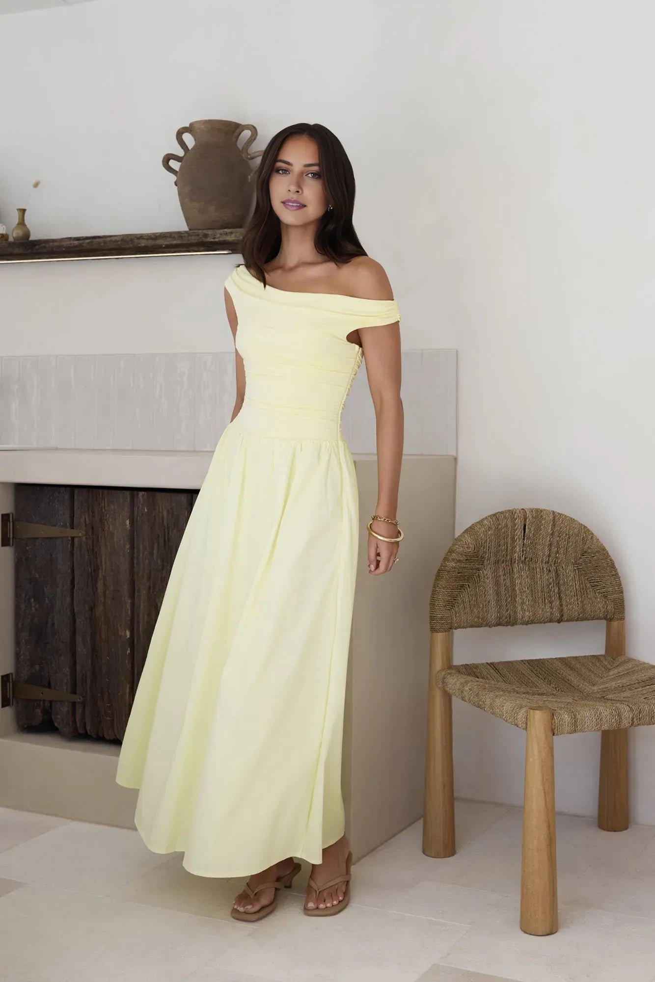 Romantic Yellow A-Line Off-the-shoulder Sleeveless Ruched Ankle-Length Prom Dresses for women