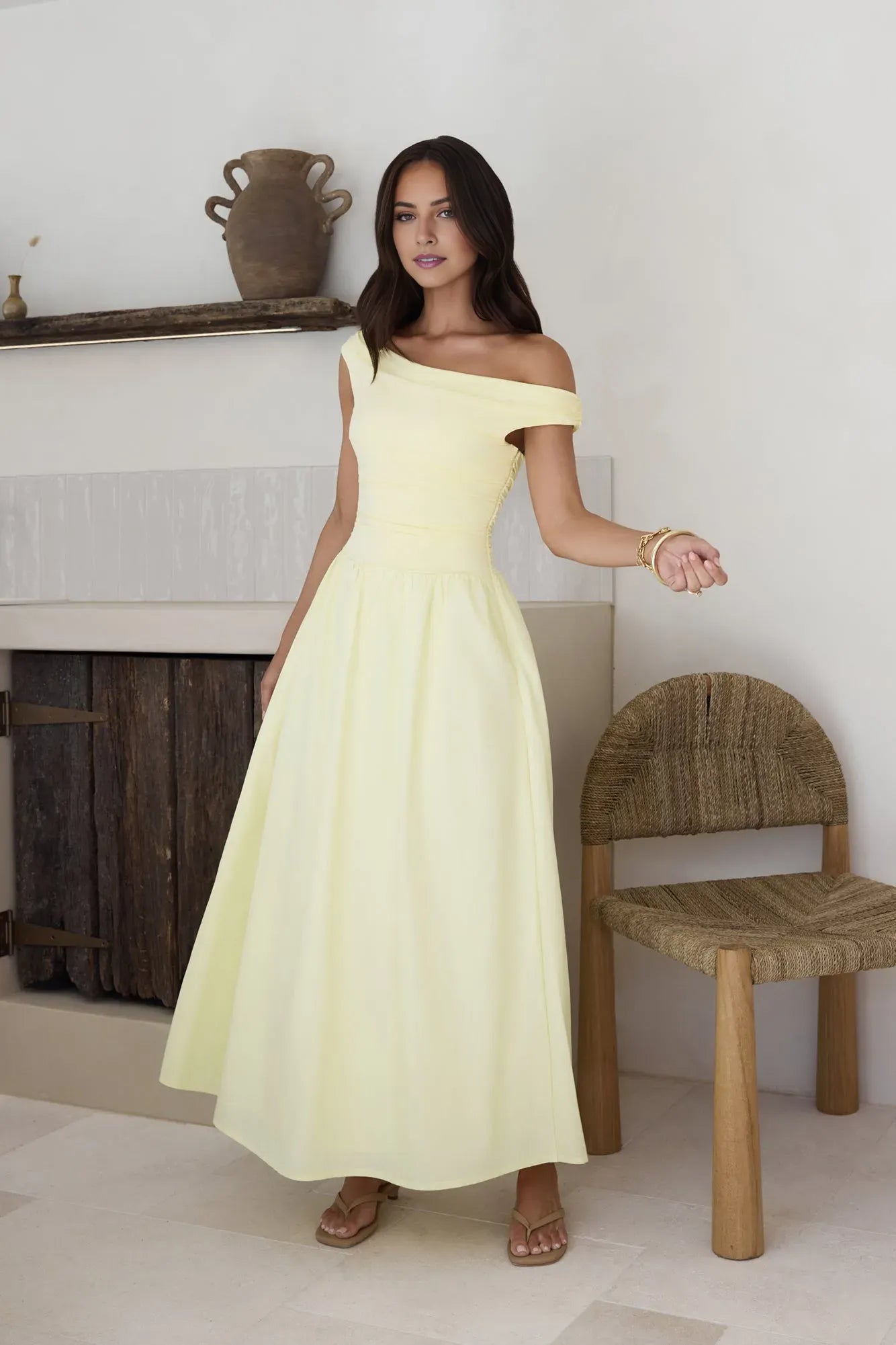 Romantic Yellow A-Line Off-the-shoulder Sleeveless Ruched Ankle-Length Prom Dresses for women