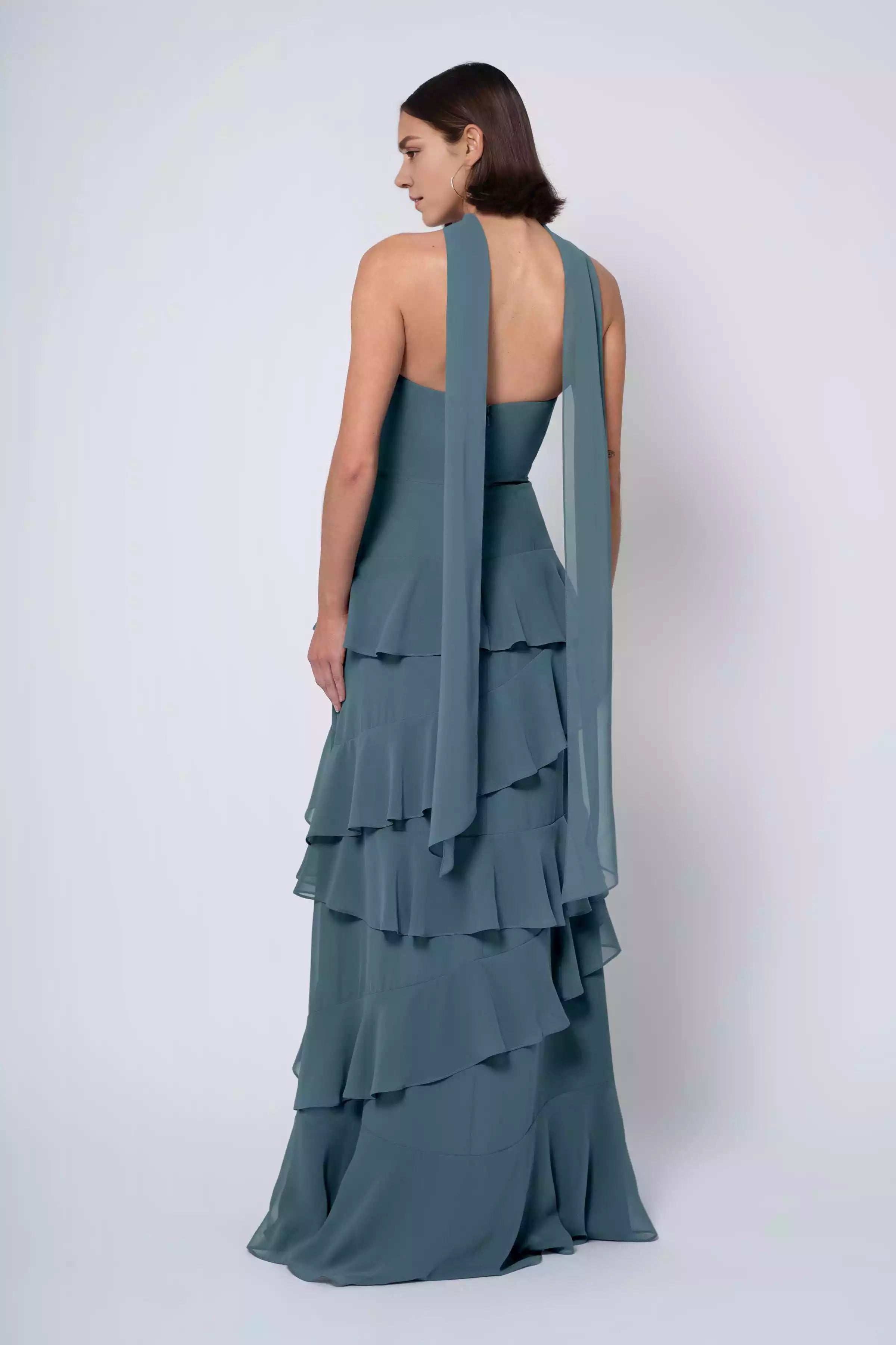 Romantic luxury chiffon strapless scarf collar A-line ruffle edge fully lined back mid zip Bridesmaid Dresses