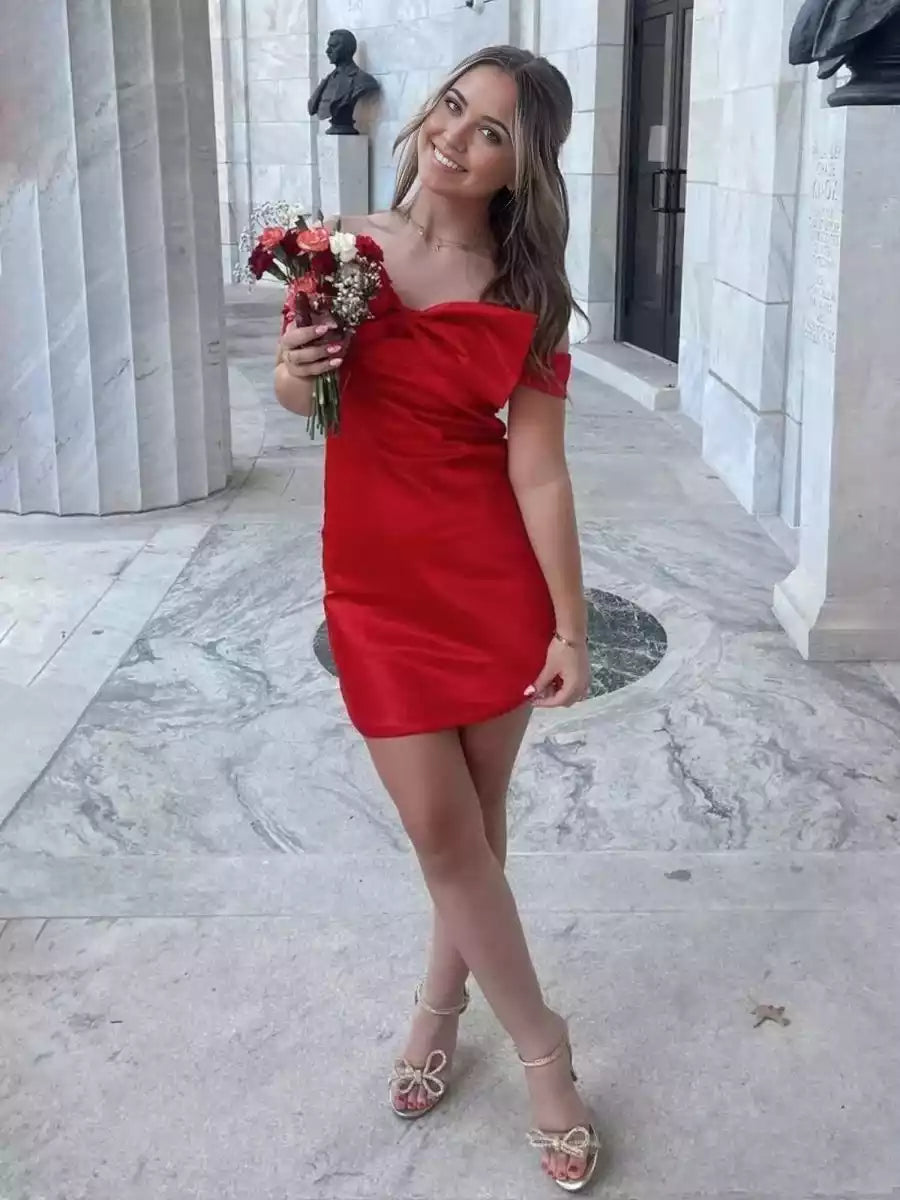 Romantic satin A-line silhouette slim fit off shoulder sleeveless bow tie back Homecoming Dresses