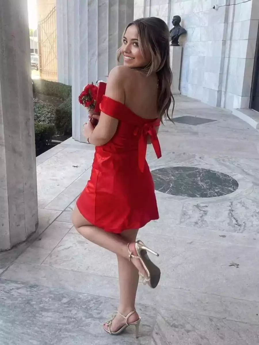 Romantic satin A-line silhouette slim fit off shoulder sleeveless bow tie back Homecoming Dresses