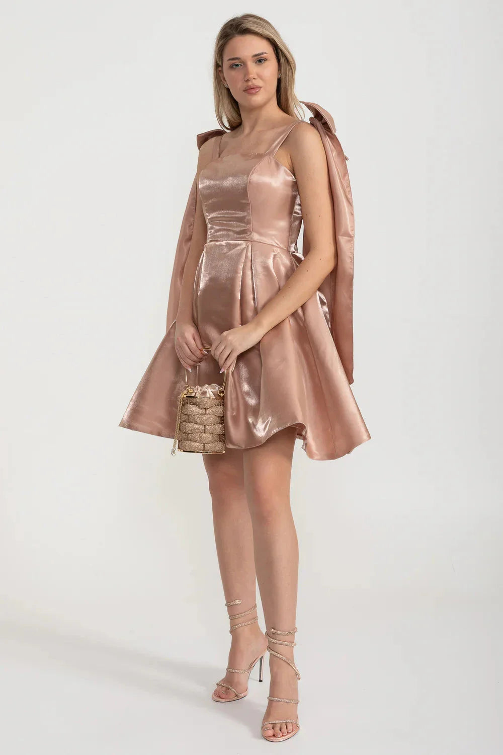 Rose Gold Bow Strap Satin Homecoming Dresses