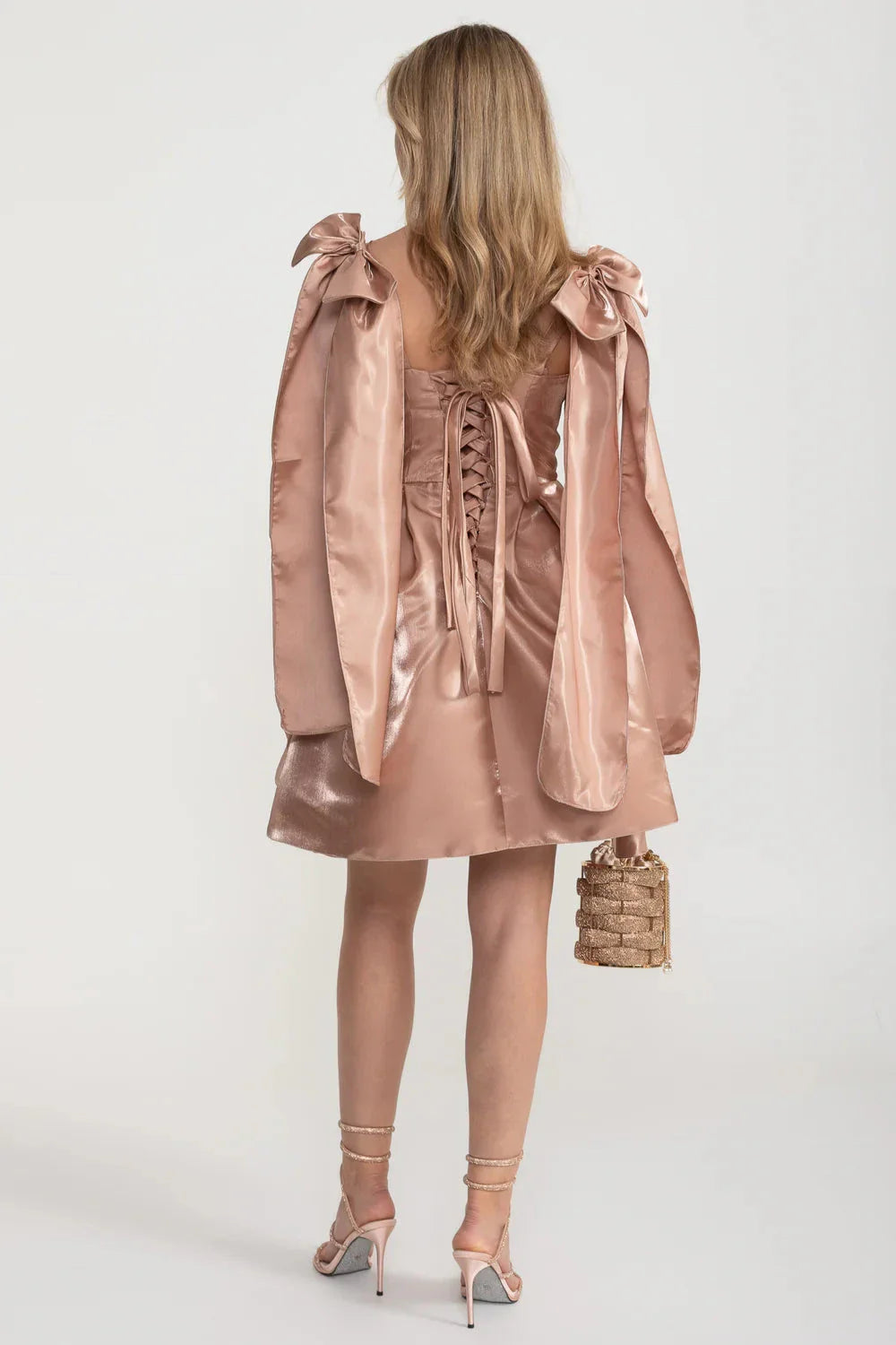 Rose Gold Bow Strap Satin Homecoming Dresses