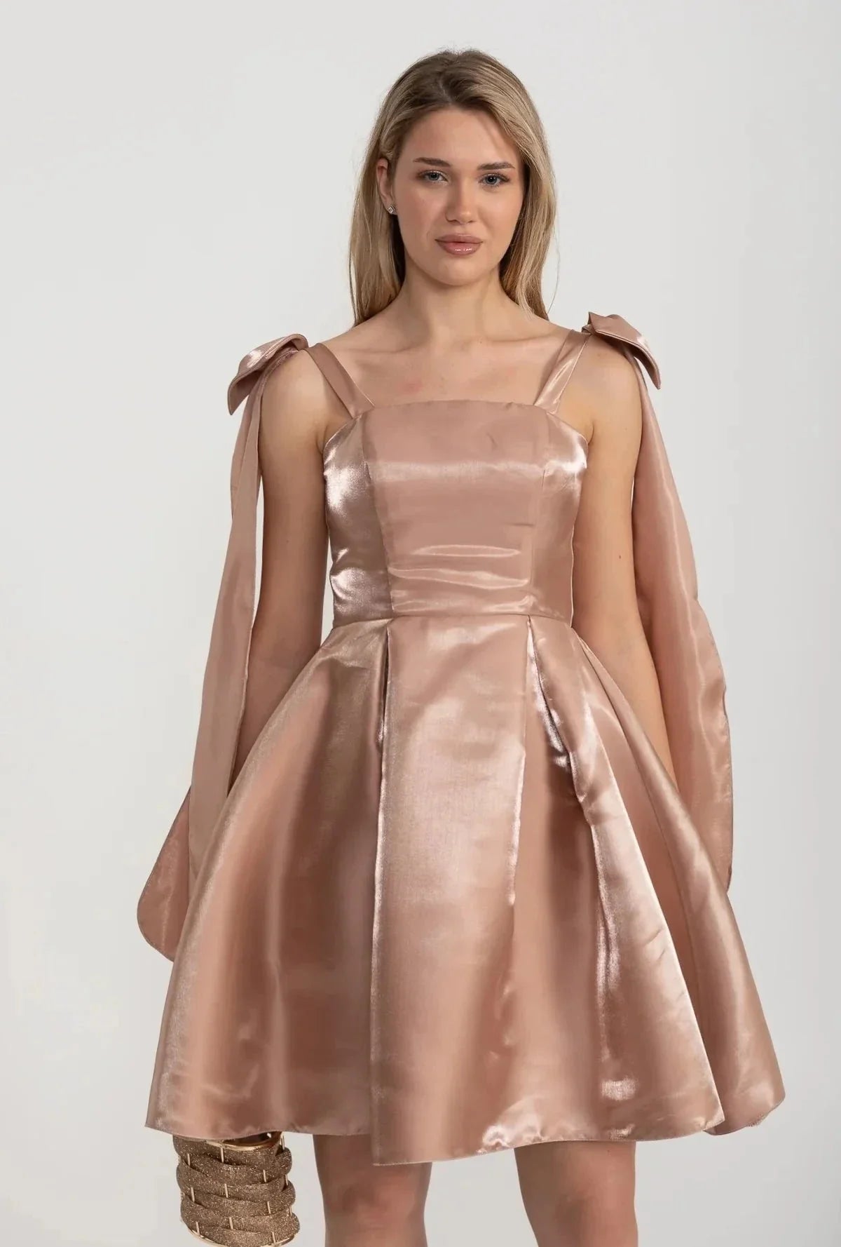 Rose Gold Bow Strap Satin Homecoming Dresses