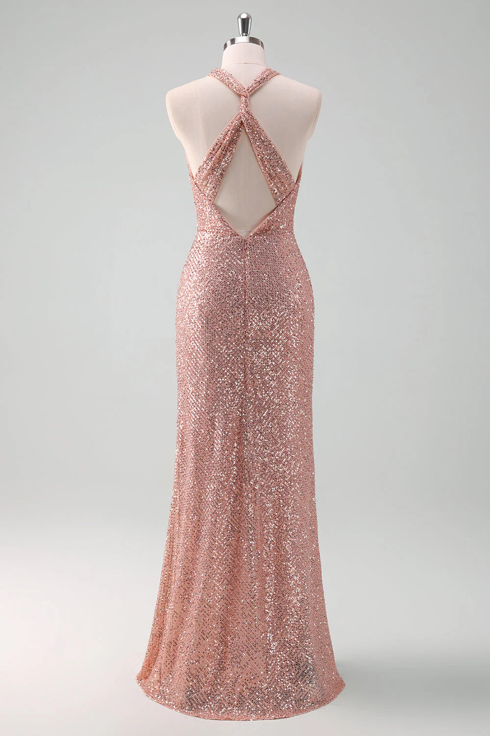Rose Gold Sequin Halter Neck Twist Back Ruched Mermaid Maxi Evening Dresses