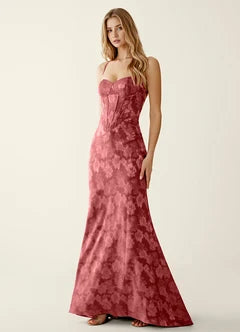 Rose Pink Floral Jacquard Spaghetti Strap Corset Mermaid Evening Dresses