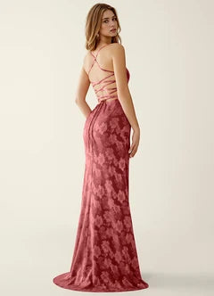 Rose Pink Floral Jacquard Spaghetti Strap Corset Mermaid Evening Dresses