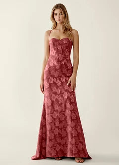 Rose Pink Floral Jacquard Spaghetti Strap Corset Mermaid Evening Dresses
