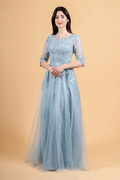 Round neck lace 3/4 sleeves A-line dress for brides and mothers