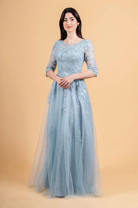 Round neck lace 3/4 sleeves A-line dress for brides and mothers