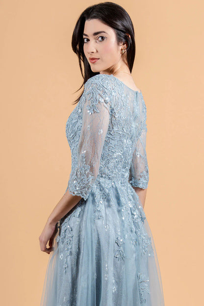 Round neck lace 3/4 sleeves A-line dress for brides and mothers