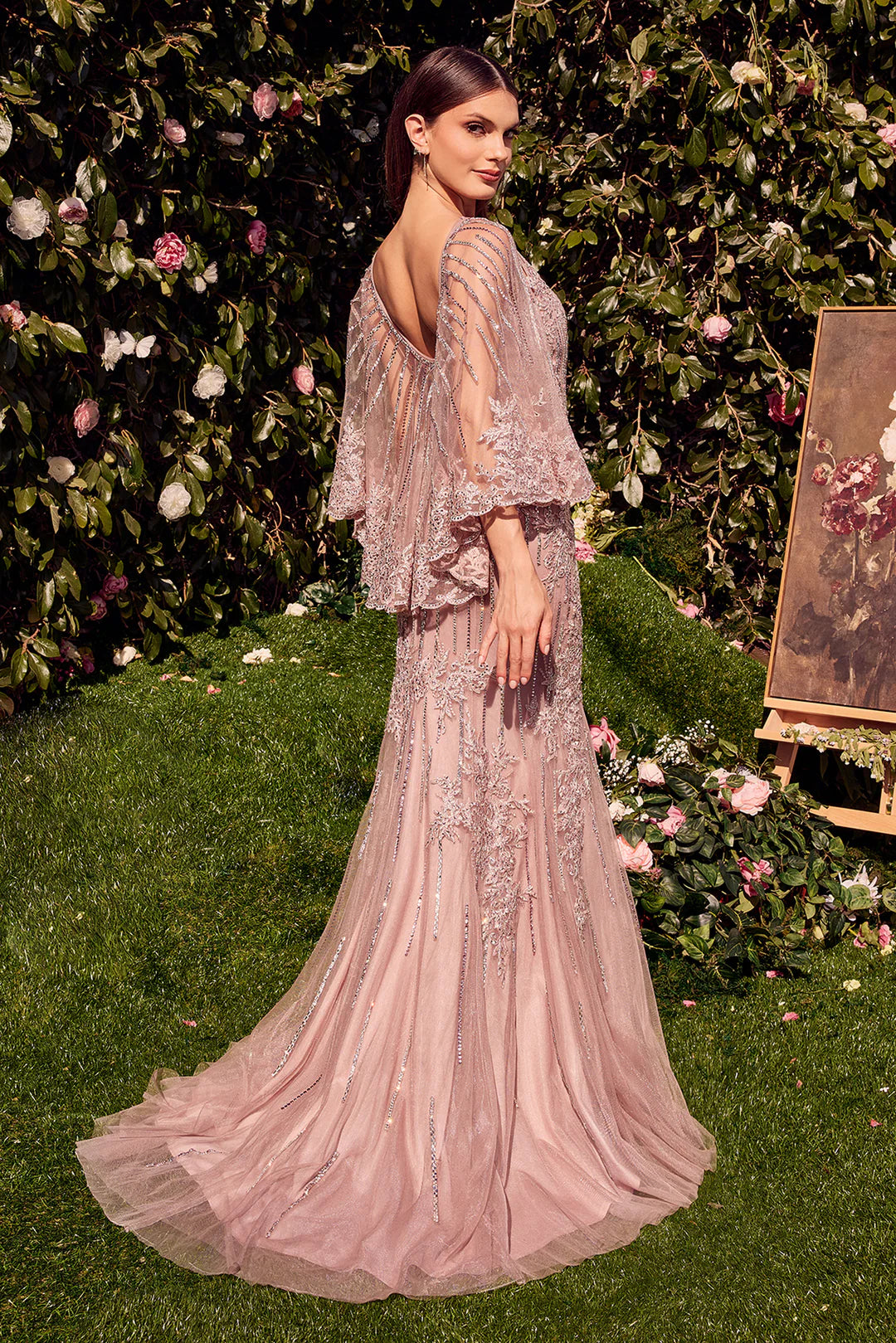 Round neck mermaid with shawl dress with rhinestones