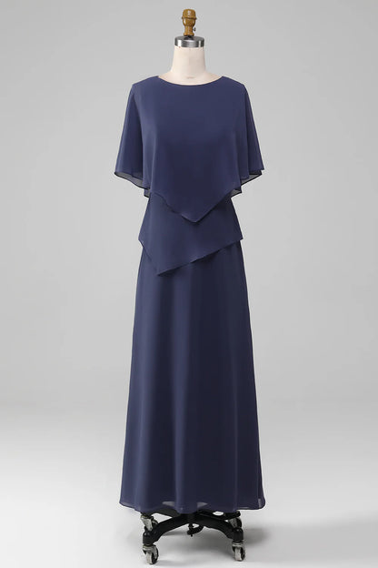 Round neck short sleeved chiffon bridal mother dress