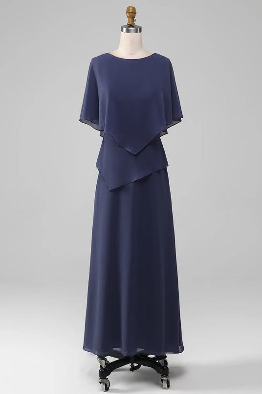 Round neck short sleeved chiffon bridal mother dress